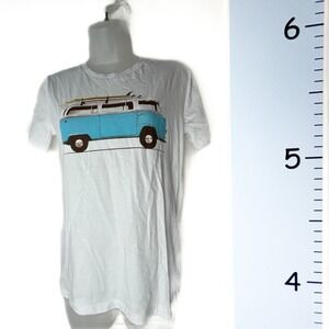 Wituka White T-shirt Blue VW Van & Surfboards Scoop Neck XXS